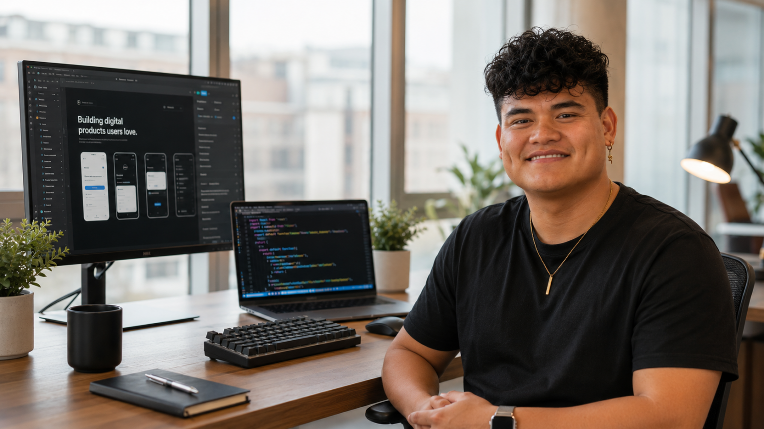 Dennis Castillo, webudvikler, ved sit skrivebord med kode og app-design på skærmene